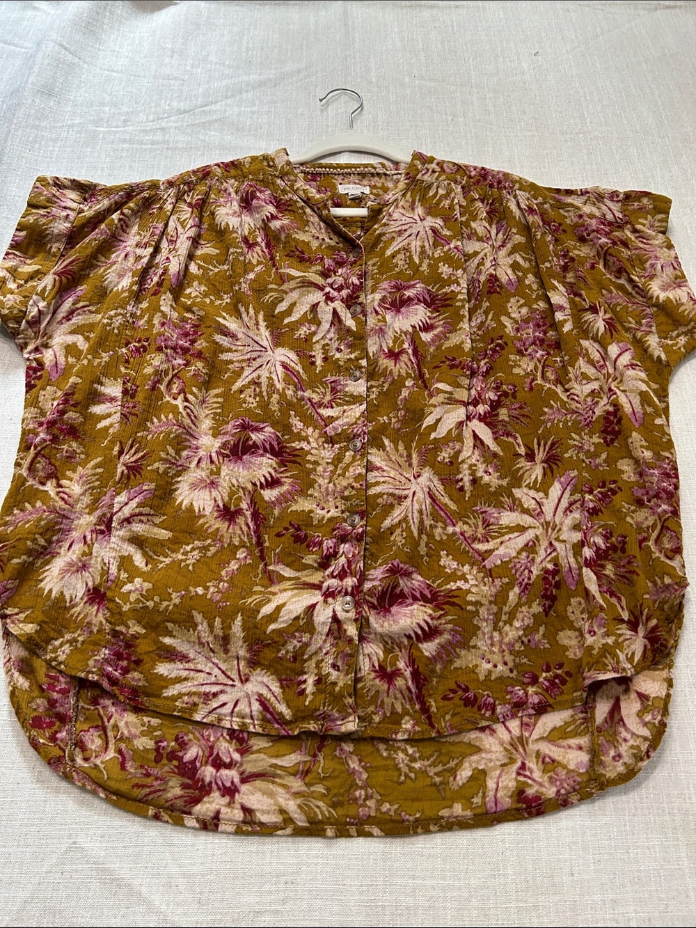 Pilcro Short Sleeved Batwing Button Blouse Mustard Pink Tropical Print Oversized - Picture 11 of 15